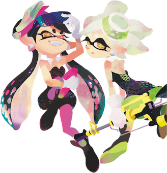 Callie is an Inkling with a red and black color scheme and long, dark hair. Marie is an Inkling with a green and black color scheme and short, white hair.