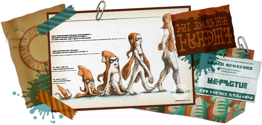An illustration shows a squid-like creature evolving over time into more human-like form