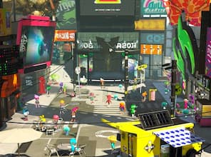 The busy Inkopolis Square features the Deca Tower as a centerpiece