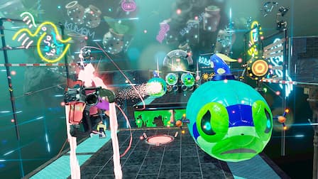 Agent 8 flies and fires her Inkjet in a colorful challenge