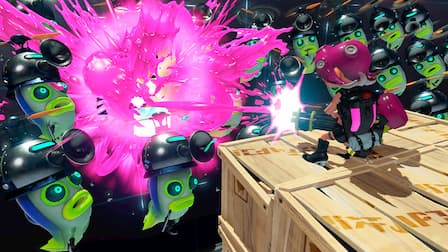 Agent 8 uses a Splatling weapon against a horde of flying Octarian enemies. Their sickly green color contrasts with the explosion of pink ink coming from the weapon.