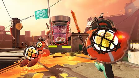 Three Inklings work together to carry Golden Eggs to the basket