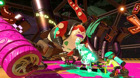 An Inkling battles a large Octarian enemy