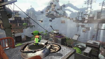 An Inkling looks out at floating platforms