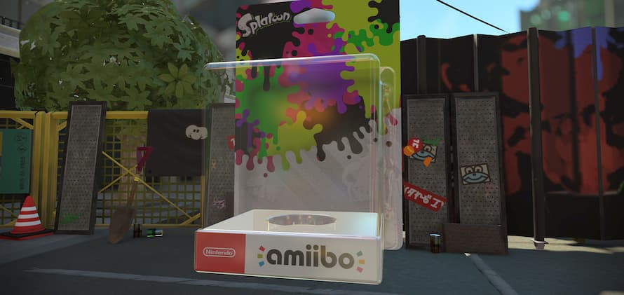 An empty amiibo Showcase with a Splatoon-themed background