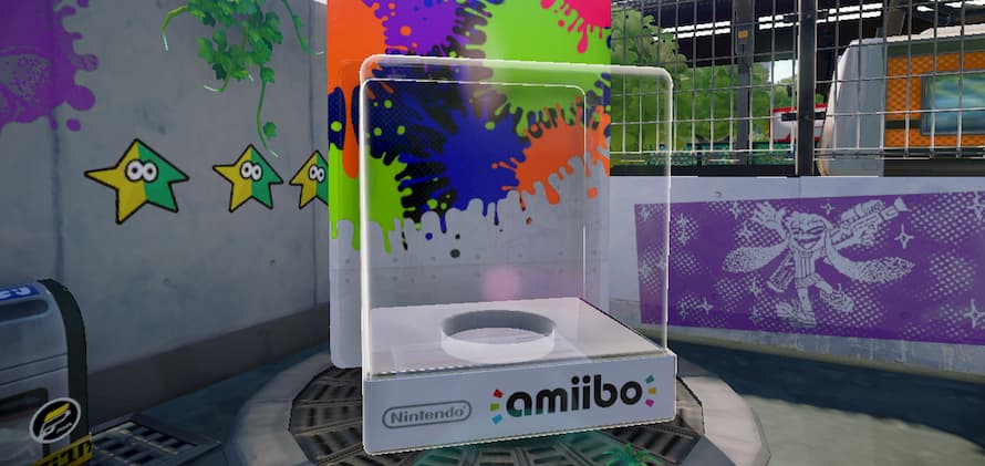 An empty amiibo Showcase with a Splatoon-themed background